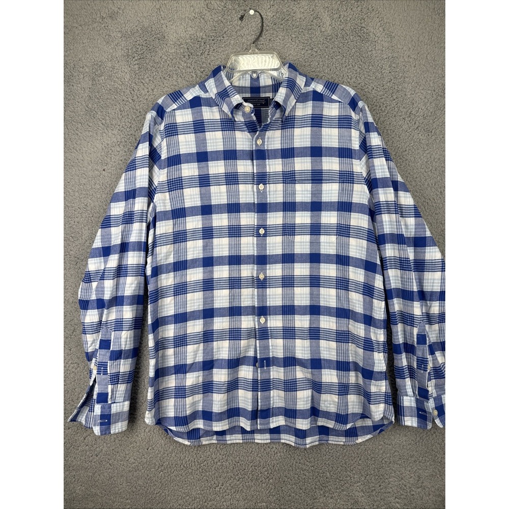 Vineyard Vines Mens Medium Blue Plaid Linen Blend Tucker Shirt Slim Fit LS